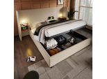 Letto Imbottito Idraulico Flieks 180X200Cm Con Comodino E Funzione Cassetto, Letto Matrimoniale Contenitore Letto A Molle Con Lampada Da Lettura, Lino, Beige