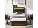 Letto Imbottito Flieks 90X190Cm Con Usb, Letto Contenitore Letto Singolo Con Rete A Doghe E 4 Cassetti, Letto Per Ragazzi Con Led, Letto In Legno Letto Funzionale, Pu, Nero