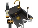 Granitan | Lavello In Granito Argos - Golden Line - Nero Con Riflessi Oro - Incluso Miscelatore Beta E Sifone