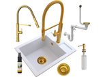 Granitan | Lavello In Granito Best - Bianco - Incasso Con Miscelatore Oro - Facile Installazione - Alta Qualità