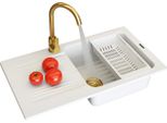 Granitan | Lavello In Granito Ada - Bianco - Miscelatore In Oro - Design Moderno - Alta Qualità