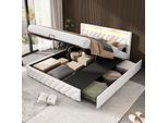 Letto Imbottito Aiorber, Letto Matrimoniale, 160X200 Cm, Con Rete A Doghe E Contenitore, Pelle Pu, Testata Alta Con Illuminazione Led, Rete E 2 Cassetti, Bianco