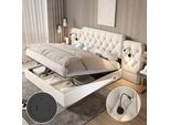 Letto Imbottito Lvhom 160X200 Cm Con Lampade Da Lettura E Usb, Letto A Molle Idrauliche Con Rete, Letto Matrimoniale In Velluto Con Rete A Doghe, Letto Funzionale, Beige