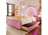 Letto Per Bambini Aiorber, Letto Imbottito, 200 X 90 Cm, Senza Materasso, Pu & Mdf, Striscia Luminosa Colorata Integrata, 2 Cassetti, Testata A Forma Di Unicorno, Rosa