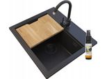 Granitan | Lavello In Granito Foxal - Nero - Incluso Rubinetto Da Cucina E Ripiano In Legno - Alta Qualità E Funzionalità