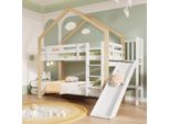 Letto A Castello Flieks Con Protezione Anticaduta, Letto Per Bambini Con Scivolo E Scaletta, Letto A Soppalco Con Rete A Doghe, Letto Di Casa In Legno Massiccio Letto A Castello 90X200Cm, Bianco
