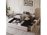 Letto Imbottito Aiorber, 160 X 200 Cm, Con Contenitore Idraulico E 3 Cassetti, Rete A Doghe, Letto Matrimoniale, Tessuto Di Lino, Ampio Contenitore, Beige