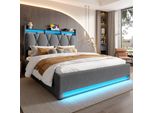 Letto Imbottito Idraulico Flieks 140X200Cm Con Funzione Di Carico, Letto Contenitore Per Ragazzi Con Led, Letto Matrimoniale Con Contenitore, Velluto, Grigio