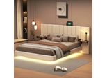 Letto Imbottito Aiorber, 140X200 Cm, Con Illuminazione Led, Con Porta Di Ricarica Usb, Letto Matrimoniale, Tessuto Di Lino, Testiera Allungata, Struttura In Metallo, Beige