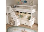 Letto A Castello Flieks 90X200Cm Con Protezione Anticaduta, Letto A Soppalco Con Scale Con Appendiabiti E Ripiani, Letto Per Bambini Singolo Con Rete A Doghe, Bianco