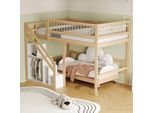 Letto A Castello Flieks 140X200Cm Con Protezione Anticaduta, Letto A Soppalco Con Scale Con Appendiabiti E Mensole, Letto Per Bambini Matrimoniale Con Rete A Doghe, Finitura Naturale