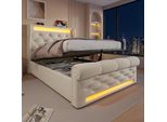 Letto Imbottito Idraulico Flieks 90X200Cm Con Usb E Type-C, Letto Per Ragazzi Letto Singolo Con Led, Letto Contenitore Letto Per Bambini Con Rete A Doghe, Velluto, Beige