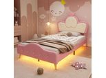 Flieks Letto Per Bambini Imbottito 90X200Cm Con Led, Letto Per Ragazzi Letto Singolo Con Testiera A Corona, Letto Classico Letto In Legno Pu, Rosa