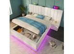 Letto Imbottito Idraulico Flieks 160X200Cm Con Funzione Di Carico, Letto Matrimoniale A Molle Insacchettate Letto Giovanile Con Led, Letto Contenitore Con Rete A Doghe, Pu, Bianco