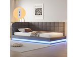 Letto Imbottito Flieks 90X200Cm Con Usb E Led, Divano Letto Con Rete A Doghe, Letto Singolo Letto Per Ragazzi Letto Per Ospiti Letto Funzionale, Lino, Grigio