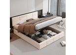 Letto Imbottito Flieks Con Contenitore, Letto Matrimoniale 140X190Cm Con Rete A Doghe, Letto Contenitore Funzionale Letto In Velluto, Beige