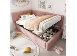 Letto Imbottito Flieks 90X200Cm Con Contenitore, Divano Letto Daybed Con Testata Regolabile, Letto Daybed Per Bambini Letto Per Ragazzi Con Rete A Doghe, Velluto, Rosa