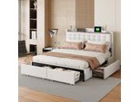 Letto Imbottito Aiorber, 160X200 Cm, Tessuto Di Lino, Con Ripiani, Ampio Spazio Di Archiviazione, Struttura In Metallo, Con Porta Di Ricarica Usb, 4 Cassetti, Letto Matrimoniale, Beige