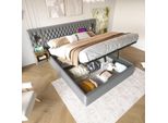 Letto Imbottito Idraulico Flieks 160X200Cm Con Usb E Comodino, Letto Matrimoniale Box Spring Con Lampada Da Lettura, Letto Contenitore Letto In Legno Velluto, Grigio