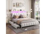 Letto Imbottito Aiorber, 160X200 Cm, Quattro Cassetti Spaziosi, Ampio Spazio Di Archiviazione, Con Illuminazione Led, Struttura Del Letto In Ferro Massiccio, Letto Matrimoniale, Bianco