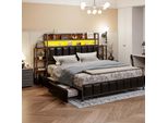 Letto Imbottito Aiorber, 160X200 Cm, Quattro Cassetti Spaziosi, Ampio Spazio Di Archiviazione, Con Illuminazione Led, Struttura Del Letto In Ferro Massiccio, Letto Matrimoniale, Nero