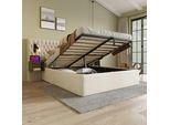 Letto Imbottito Idraulico Flieks 160X200Cm Con Usb E Comodino, Letto Matrimoniale Box Spring Con Lampada Da Lettura, Letto Contenitore Letto In Legno Velluto, Beige