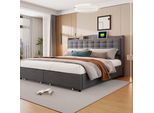 Letto Imbottito Aiorber, 160X200 Cm, Tessuto Di Lino, Con Ripiani, Ampio Spazio Di Archiviazione, Struttura In Metallo, Con Porta Di Ricarica Usb, 4 Cassetti, Letto Matrimoniale, Grigio
