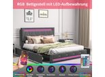 Letto Imbottito Proximax 160X200Cm, Letto Per Ragazzi Letto Matrimoniale Con 4 Cassetti, Letto Contenitore Letto In Legno Massiccio Con Led E Rete A Doghe, Lino, Grigio