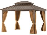 Gazebo Costway 3,5 X 3 M, Gazebo Da Giardino Per Feste Con Rete, Tenda E Doppio Tetto Robusto In Metallo Zincato, Riparo Fisso Per Il Sole Marrone