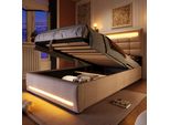 Letto Imbottito Flieks 90X200Cm Con Usb, Letto A Molle Insacchettate Con Led, Letto Giovanile In Legno Letto Singolo Con Contenitore, Biancheria Da Letto Per Bambini, Beige