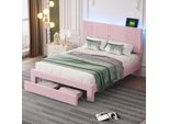 Letti Imbottiti Aiorber, 140 X 200 Cm, Con Illuminazione Led E Usb, Ampio Cassetto, Rivestimento In Velluto, Robusta Struttura In Metallo, Letto Matrimoniale, Rosa