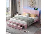 Letti Imbottiti Aiorber, 160 X 200 Cm, Con Illuminazione Led E Usb, Ampio Cassetto, Rivestimento In Velluto, Robusta Struttura In Metallo, Letto Matrimoniale, Rosa
