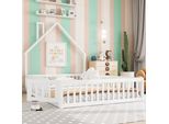 Letto Per Bambini Merax 140X190 Cm, Con Recinzione, Design Casa Con Camino, Rete A Doghe, Letto In Legno Di Pino Massiccio, Bianco