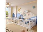 Letto Per Bambini Merax 90X190 Cm, Letto Piano Con Sponda, Sponda Con Serratura, Letto In Legno Di Pino Massiccio, Letto Da Terra, Bianco