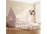 Letto Per Bambini Flieks 140X200Cm Con Protezione Anticaduta, Letto Matrimoniale A Terra Con Rete A Doghe, Letto In Legno Per Bambini, Letto A Terra Per La Camera Dei Bambini, Rosa