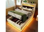Letto Imbottito Flieks 90X200Cm Con Funzione Di Ricarica (Usb & Type-C), Letto Singolo Giovanile Con Led, Letto Contenitore Letto A Molle Con Spazio Di Archiviazione, Lino, Beige