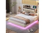 Letto Imbottito Aiorber, 140 X 200 Cm, Con Striscia Led, Presa Usb, Con Vano Contenitore, Struttura In Metallo, Tessuto Di Lino, Testata Reversibile, Letto Matrimoniale, Beige