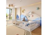 Letto Per Bambini Merax 140X190 Cm, Letto Piano Con Sponda, Sponda Con Serratura, Letto In Legno Di Pino Massiccio, Letto Da Terra, Bianco