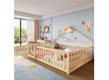 Letto Per Bambini Merax 140X190 Cm, Letto Piano Con Sponda, Sponda Con Serratura, Letto In Legno Di Pino Massiccio, Letto Da Terra, Naturale