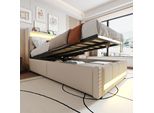 Letto Imbottito Flieks 90X200Cm Con Funzione Di Ricarica (Usb E Presa Di Corrente), Letto A Molle Insacchettate Con Contenitore, Letto Per Ragazzi Letto Singolo Con Led, Lino, Beige