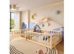 Letto Per Bambini Merax 90X190 Cm, Letto Piano Con Sponda, Sponda Con Serratura, Letto In Legno Di Pino Massiccio, Letto Da Terra, Naturale