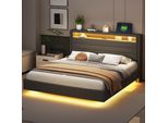 Letto Imbottito Merax 160X200 Con Led E Presa Usb, Letto Per Ragazzi Con Struttura Robusta, Testata Reversibile Con Contenitore, Letto Matrimoniale Piatto In Lino, Grigio