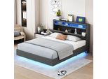 Letto Imbottito Merax 140X200 Con Led E Presa Usb, Letto Per Ragazzi Con Struttura Robusta, Testata Reversibile Con Contenitore, Letto Matrimoniale Piatto In Lino, Grigio