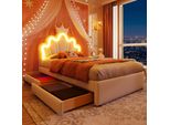 Letto Imbottito Merax 90X200Cm, Letto Da Principessa Con Luci Led, Testata Regolabile, 2 Cassetti, Design A Corona, Pu, Letto Per Bambini, Letto Per Giovani, Bianco