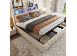 Letto Imbottito Flieks 180X200Cm Con Usb &Type-C, Letto A Molle Insacchettate Letto Contenitore Con Led E Testata Contenitore, Letto Matrimoniale Letto Per Ragazzi, Biancheria, Beige