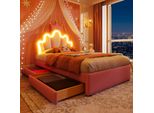 Letto Imbottito Merax 90X200Cm, Letto Da Principessa Con Luci Led, Testata Regolabile, 2 Cassetti, Design A Corona, Pu, Letto Per Bambini, Letto Per Giovani, Rosa