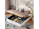 Letto Imbottito Merax 140X200 Cm, Con Led, Contenitore Idraulico, Testata Con Design A Corona, Letto Per Bambini, Letto Per Principesse, Letto Per Ragazzi, Pu, Bianco