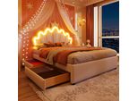 Letto Imbottito Merax 140X200Cm, Letto Da Principessa Con Luci Led, Testata Regolabile, 2 Cassetti, Design A Corona, Pu, Letto Per Bambini, Letto Per Giovani, Bianco