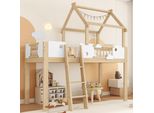 Letto A Castello A Soppalco Merax 90X200, Letto Per Bambini Con Tetto, Protezione Anticaduta, Barre, Scala Inclinata A Tre Gradini, Pino, EN747, Bianco + Naturale