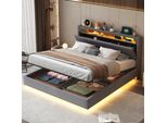 Letto Imbottito Merax 160X200 Con Led E Testata Reversibile, Letto A Molle Idrauliche In Lino, Letto Contenitore Galleggiante Con Connessione Usb, Grigio